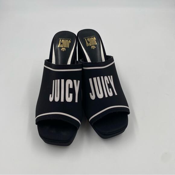 Juicy Couture Girly Platform Black Slip On Open Toe Block Heels Sandals - Picture 2 of 7